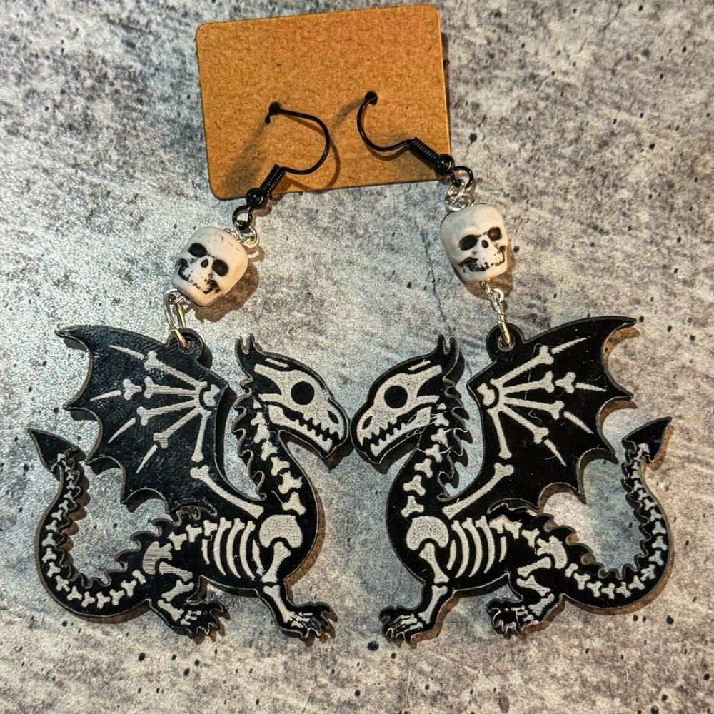 Cute Dragon Skeleton Earrings, Spooky Cute Acrylic Jewelry,